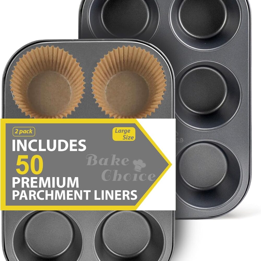 Bake Choice 2 Jumbo Muffin Pan for Baking, Extra Large Cupcake Pan | Includes 50 Natural Jumbo Cupcake Liners, Non-Stick Muffin Tin Nonstick 6 Cup, Baking Pans Set, Carbon Steel Baking Supplies