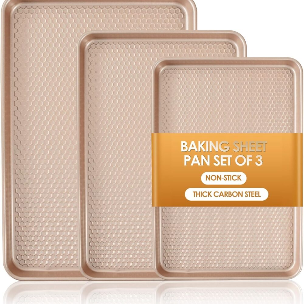 Baking Sheet Pan Set of 3, Nonstick Carbon Steel Cookie Sheets with Texture | Commercial Half/Quarter/Jelly Roll Pans Replacement Toaster Oven Tray, Heavy Duty & Easy Clean