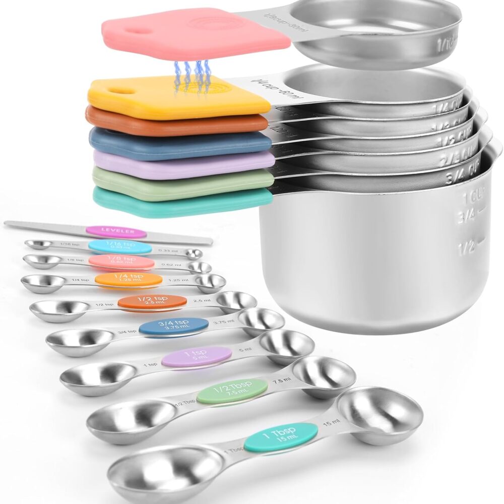 Magnetic Measuring Cups and Spoons Set-Heavy Duty 304 Stainless Steel | Double Measurement Markings,BPA-Free,Set of 16 with Leveler for Measuring Dry and Liquid Ingredients(Colors)