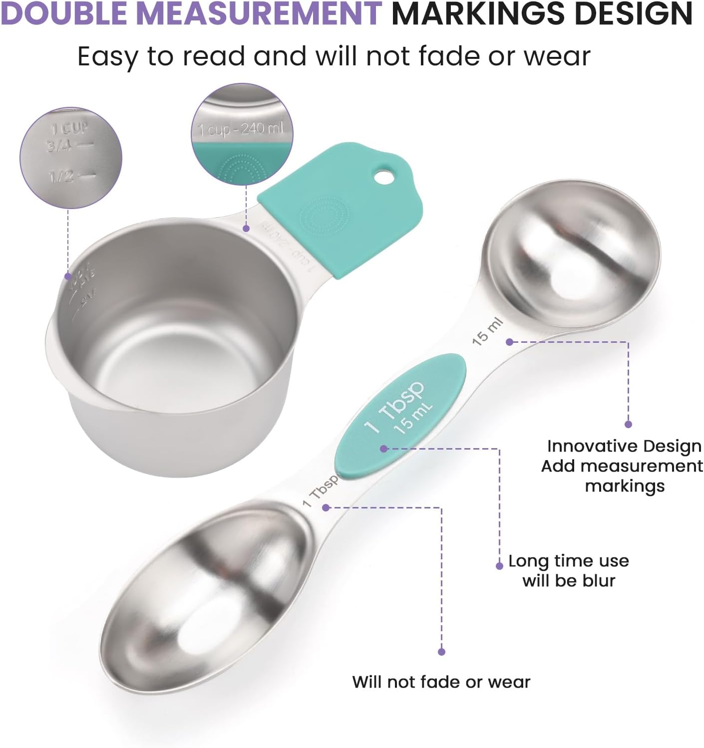 Magnetic Measuring Cups and Spoons Set-Heavy Duty 304 Stainless Steel | Double Measurement Markings,BPA-Free,Set of 16 with Leveler for Measuring Dry and Liquid Ingredients(Colors) - Image 4
