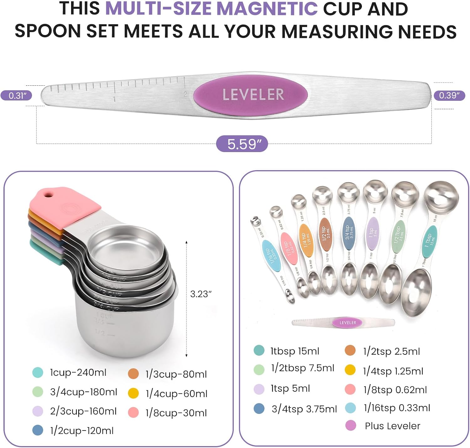 Magnetic Measuring Cups and Spoons Set-Heavy Duty 304 Stainless Steel | Double Measurement Markings,BPA-Free,Set of 16 with Leveler for Measuring Dry and Liquid Ingredients(Colors) - Image 6