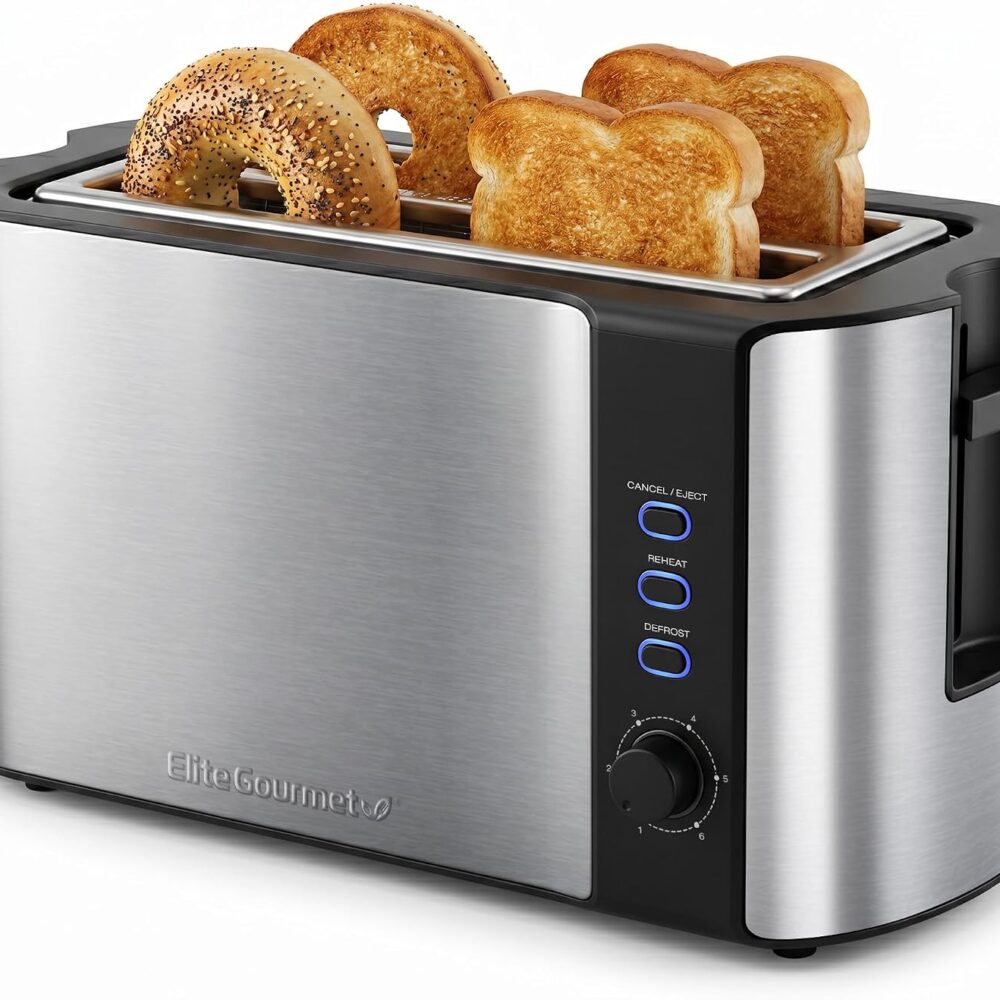 Elite Gourmet 4-Slice Long Slot Toaster, Extra-Wide Slots, 6 Browning | Reheat, Defrost, Cancel, Stainless Steel, ECT-3100