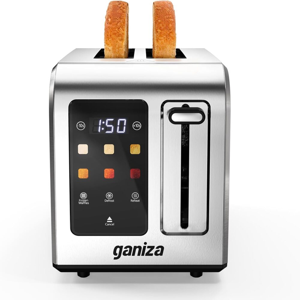 Ganiza Toaster 2 Slice with Touchscreen Smart Toasters Wide Slot, Max 925W | Full Stainless Steel, Digital Countdown Timer, Touch Screen, Defrost Reheat Cancel, +/-10s Fine-Tune, Removable Crumb Tray